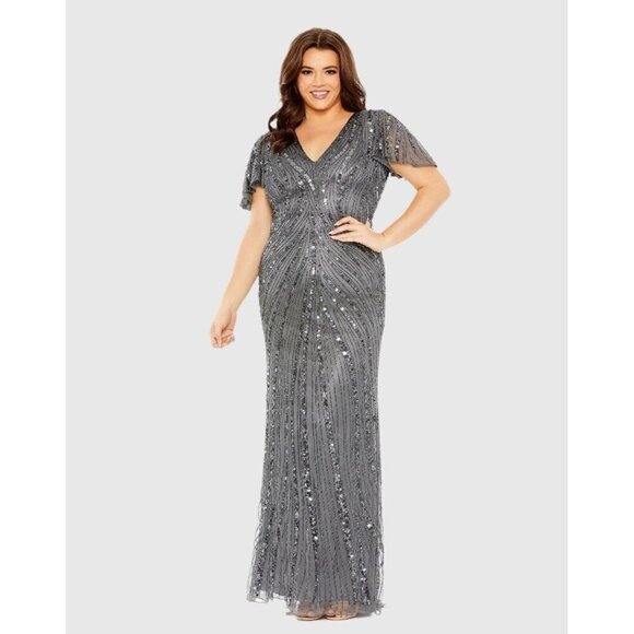 Mac Duggal Size 16 Grey 5945 Flutter Sleeve Embellished...